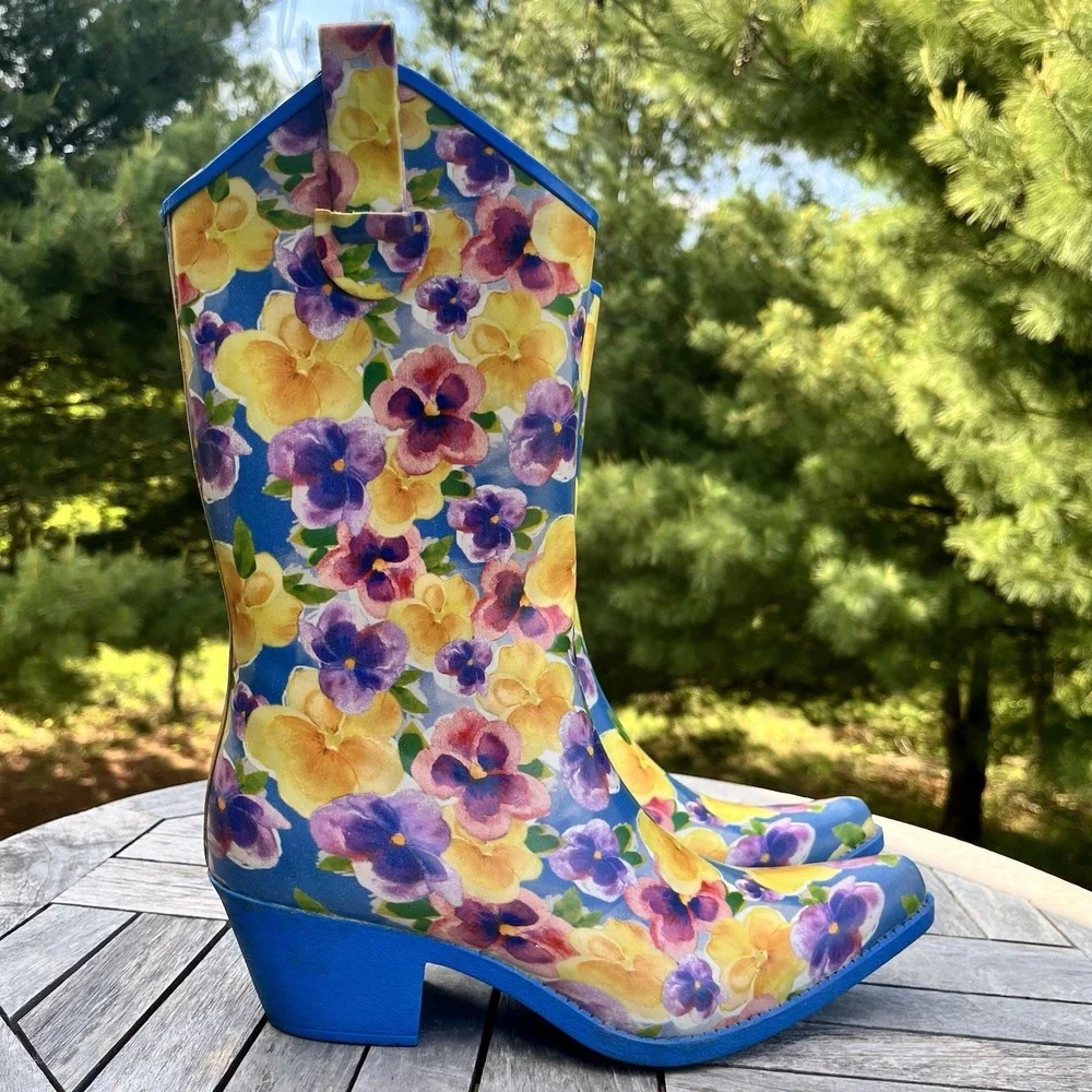Nature Breeze Rubber Rain Boots Sz‎ 9 Cowboy Festival Floral Pansy Blue Yellow